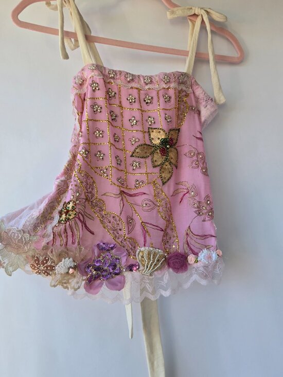 Tops - Handmade Cream Pink Gold Embroidered Lace Tube-Top Blouse Balletcore Style Med